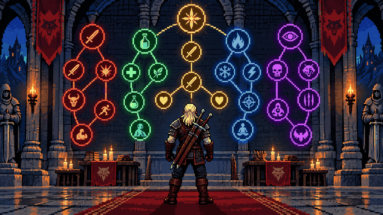 Geralt diante de árvore de habilidades colorida em pixel art