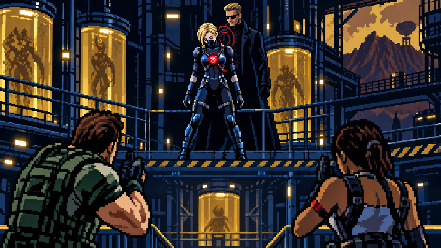Jill controlada por Wesker enfrentando Chris e Sheva em Resident Evil 5