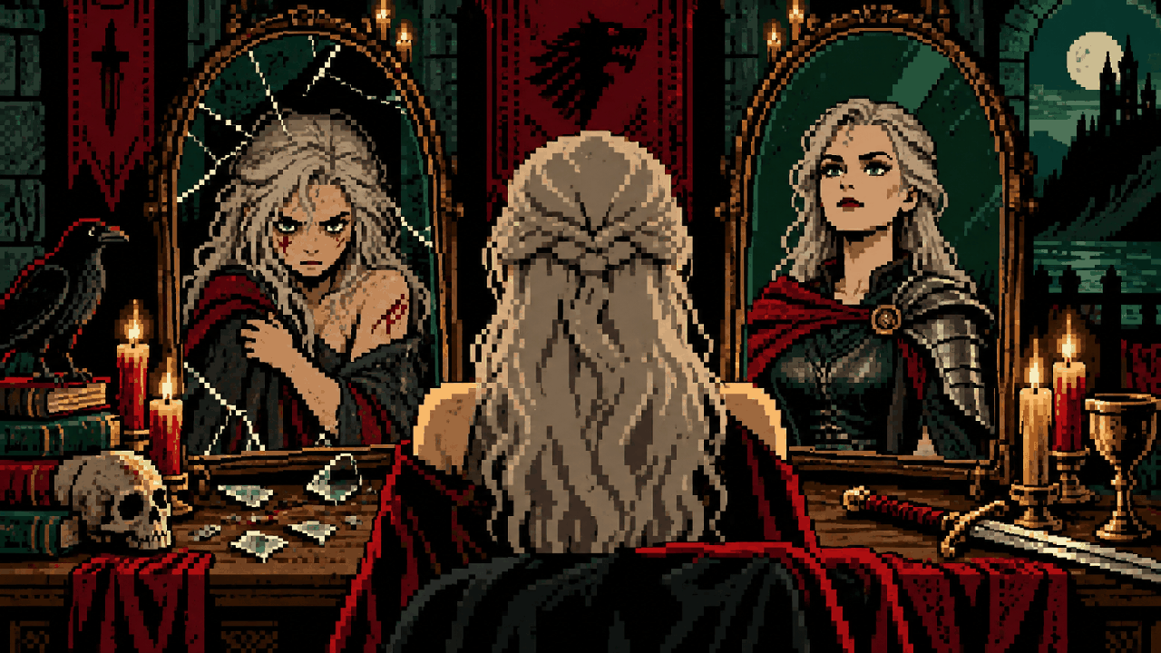 Ciri diante de espelhos mostrando lados diferentes da mesma personagem em pixel art
