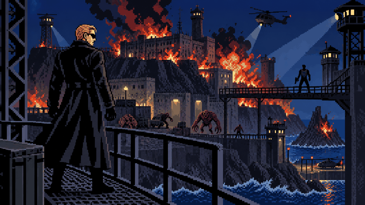 Wesker em ilha militar em chamas durante ataque biológico em pixel art
