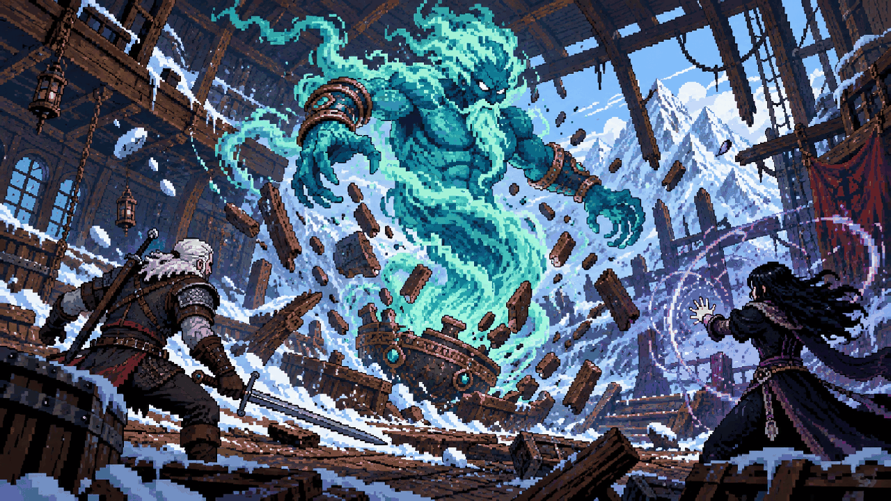 Djinn surgindo dentro de navio destruído na montanha enquanto Geralt e Yennefer lutam em pixel art