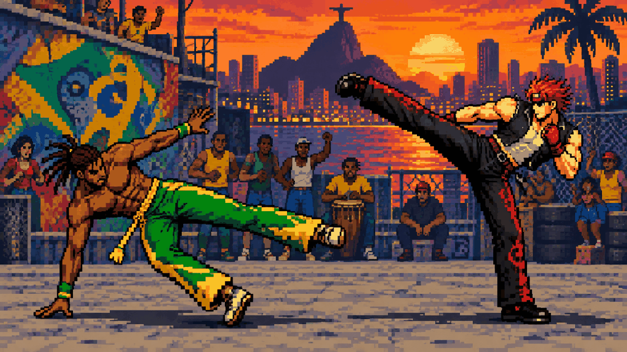 Eddy Gordo e Hwoarang se enfrentando com capoeira e taekwondo em pixel art