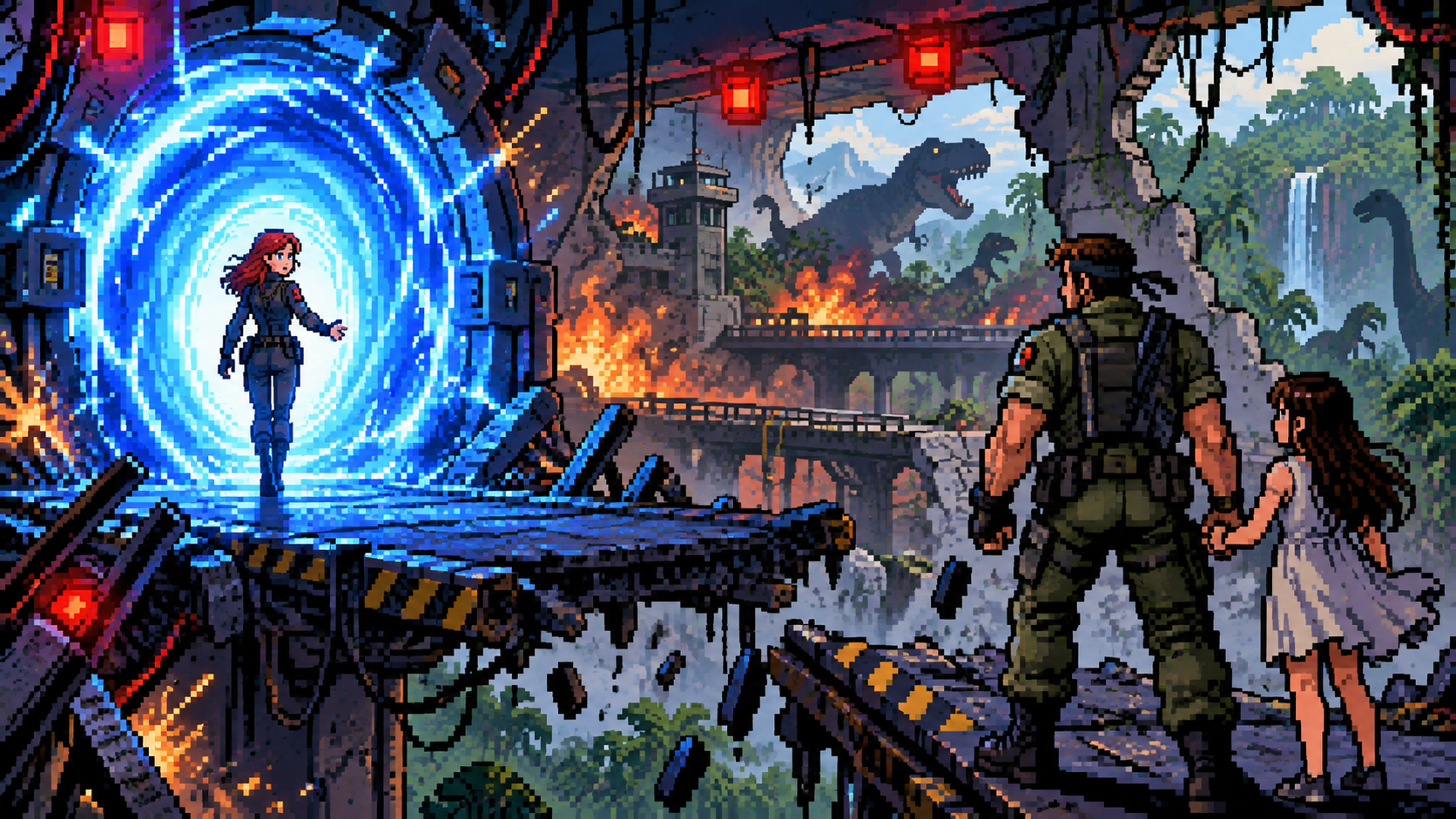 Regina entrando em portal enquanto Dylan fica para trás com Paula em instalação colapsando em pixel art