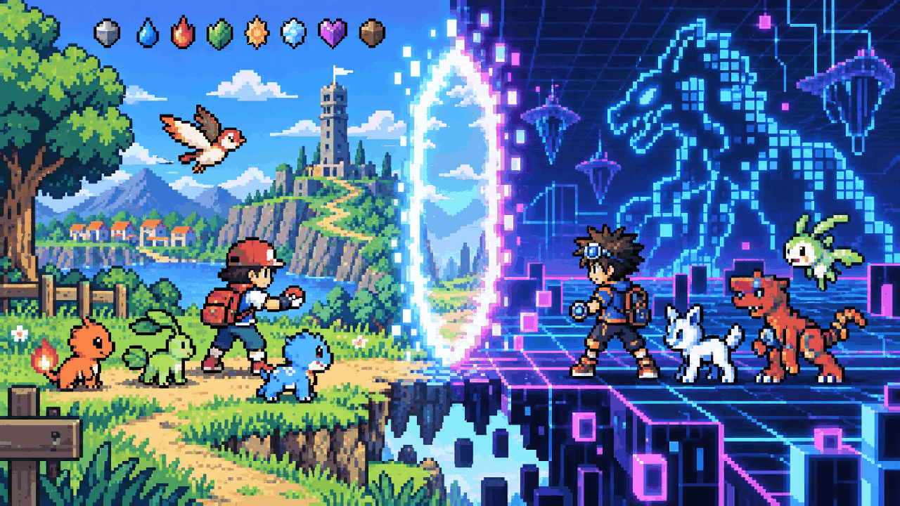 Pixel art com jornada de captura de criaturas e mundo digital com parceiro evoluindo