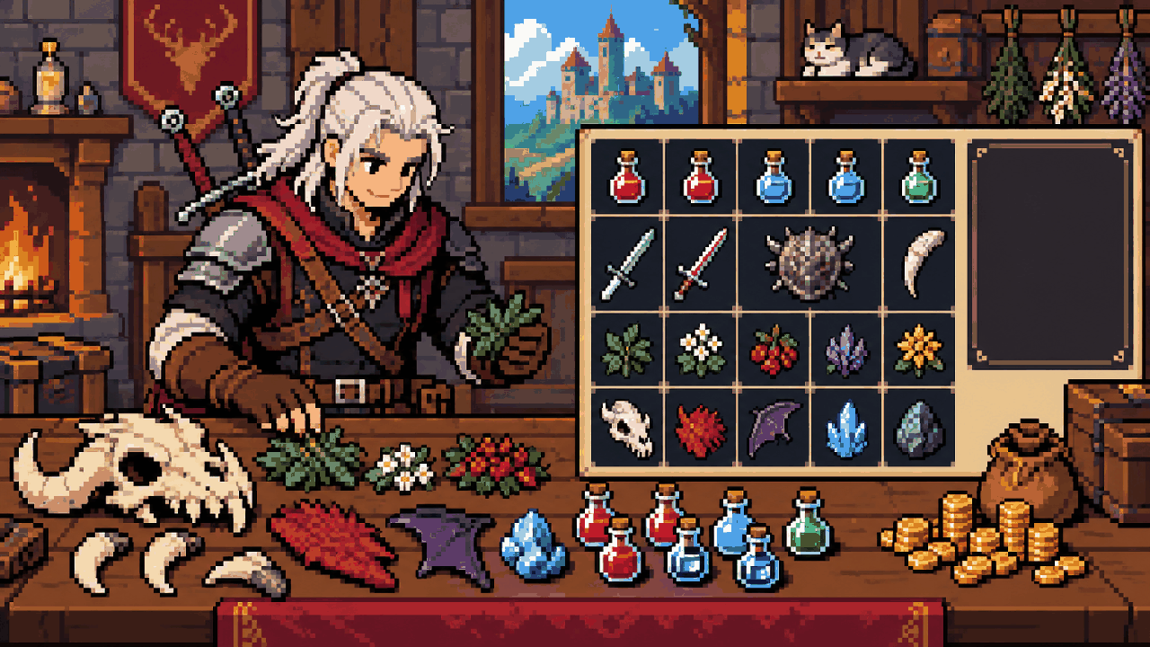 Geralt organizando inventário com poções, espadas e itens em pixel art