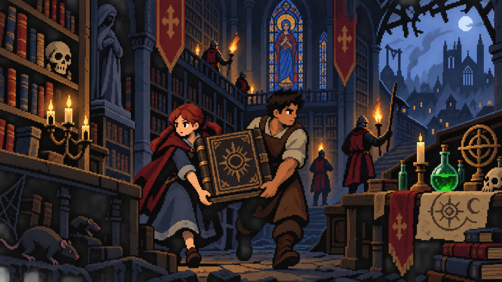 Amicia e Rodric carregando livro antigo em biblioteca medieval vigiada pela Inquisição