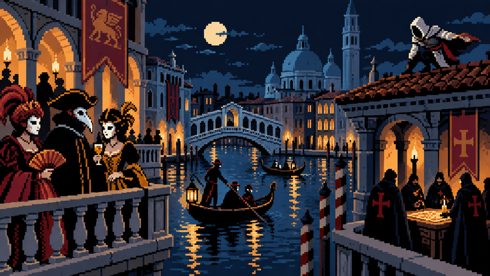 Ezio em Veneza durante carnaval enquanto templários conspiram entre máscaras e canais