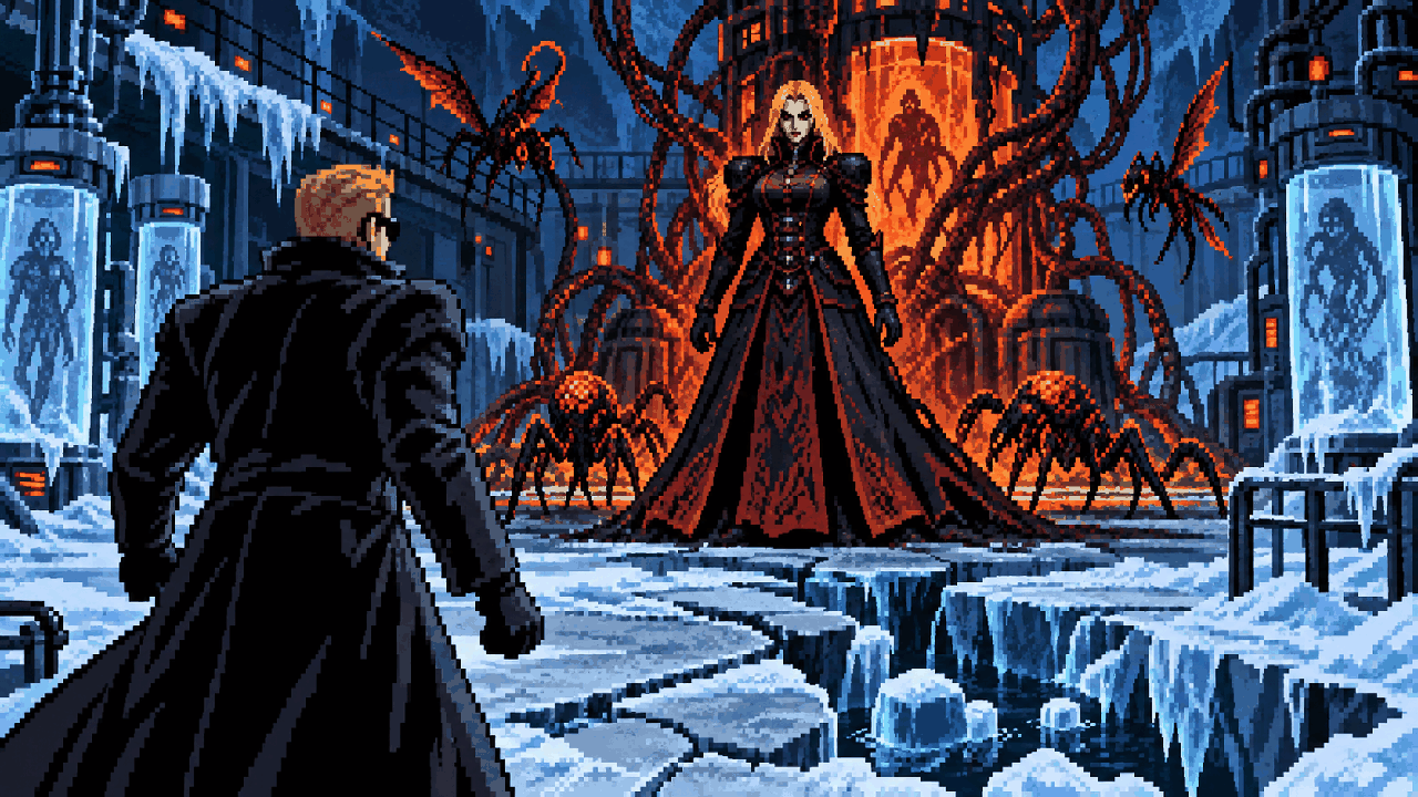 Alexia Ashford como ameaça biológica em instalação congelada diante de Wesker em pixel art