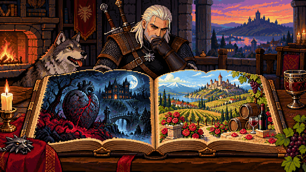 Geralt diante de livros de história que representam Hearts of Stone e Blood and Wine em pixel art