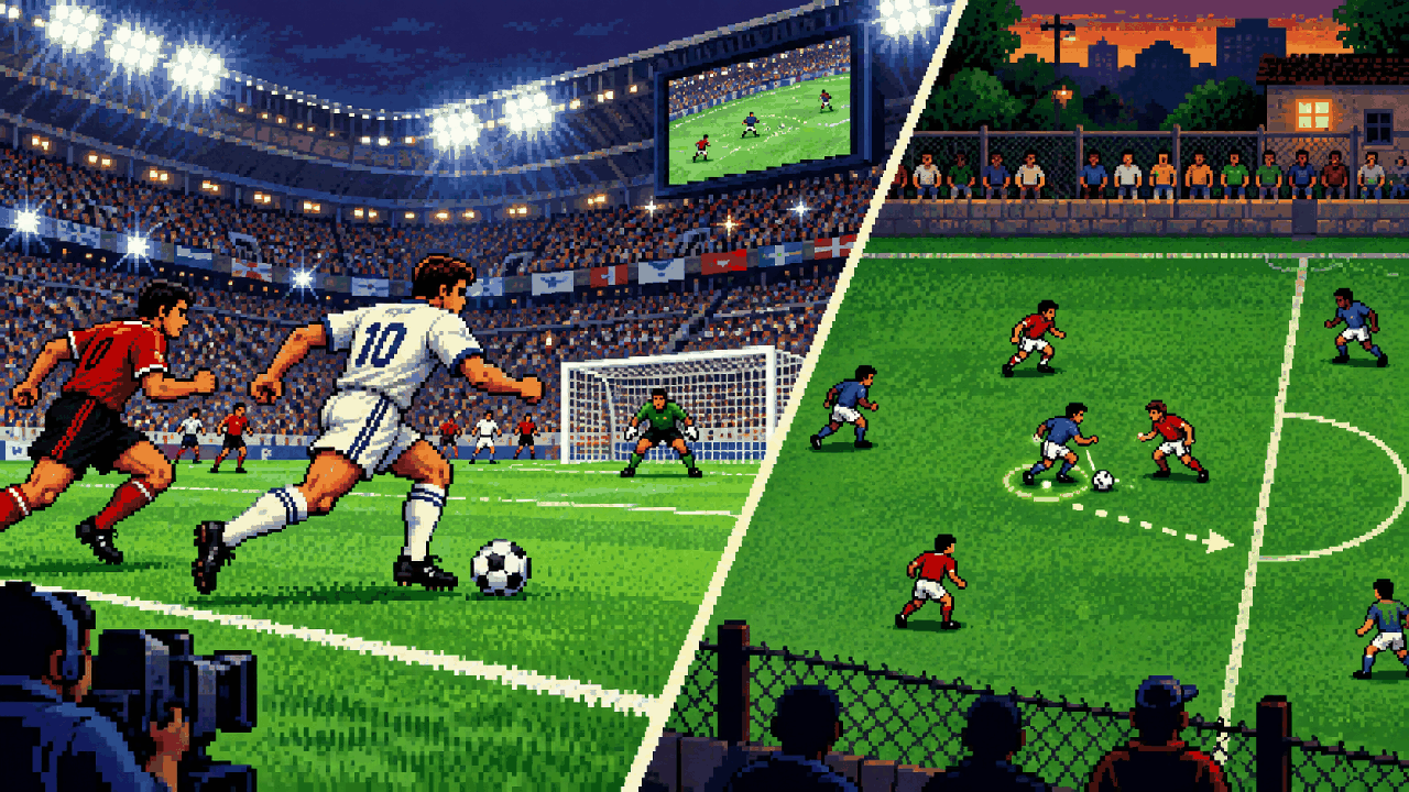Pixel art com campo de futebol em estádio e duelo de gameplay em campo menor