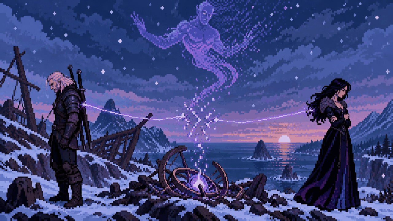 Geralt e Yennefer separados enquanto o laço mágico se desfaz sob o céu de Skellige em pixel art