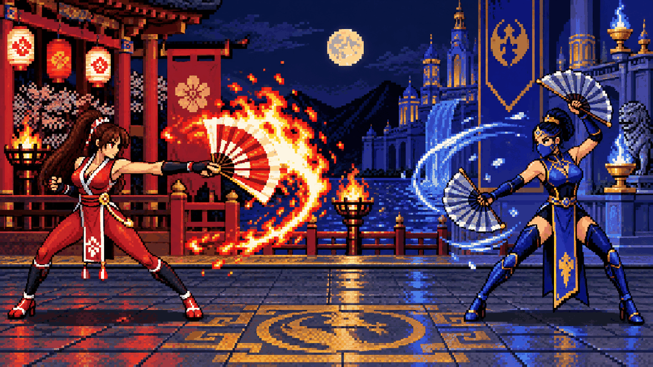 Mai Shiranui e Kitana duelando com leques em pixel art