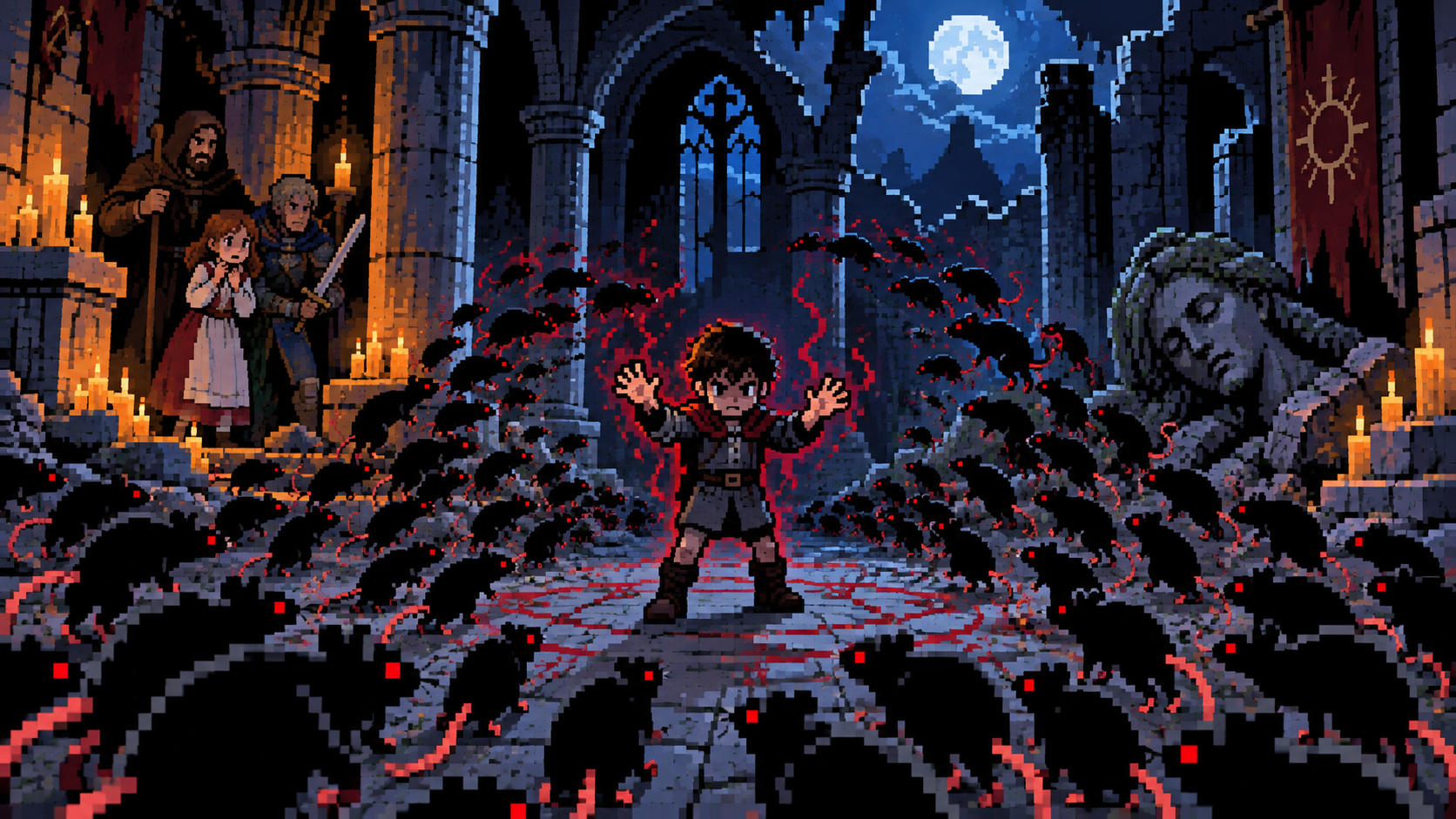 Hugo controlando enxame de ratos em ruína de catedral com Amicia observando assustada