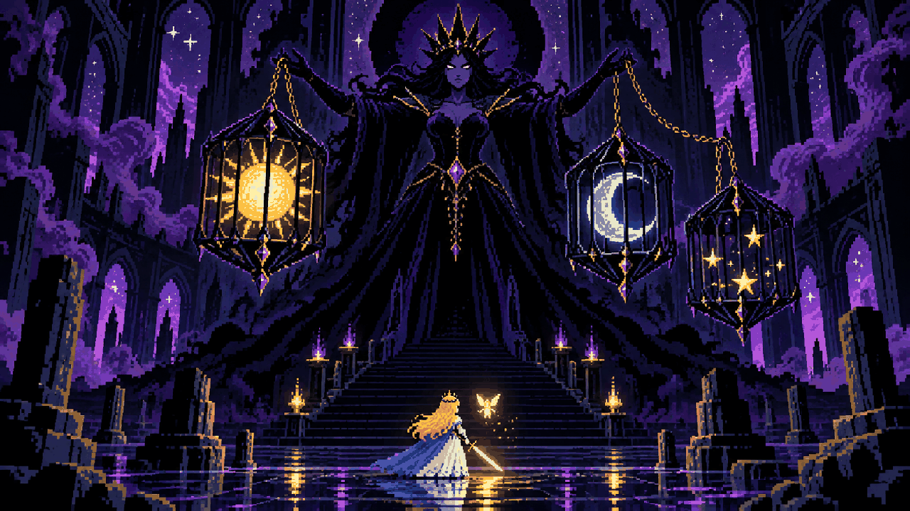 Umbra prende o sol, a lua e as estrelas no castelo da noite em pixel art