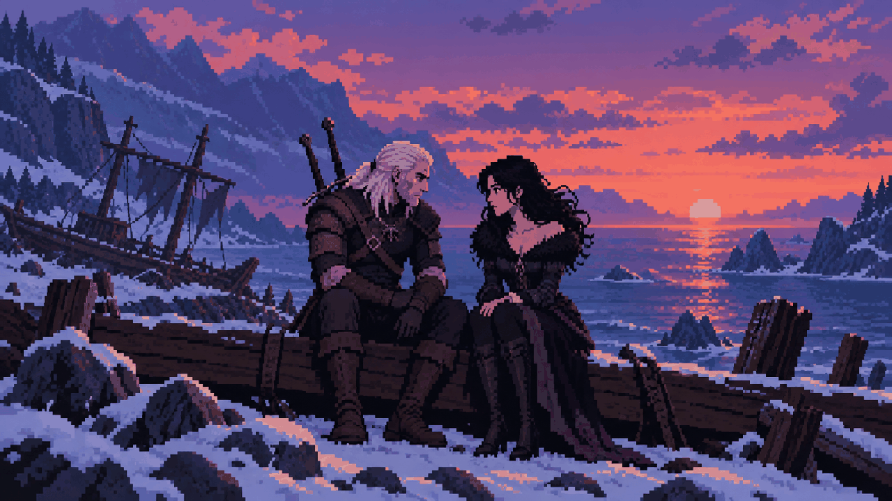 Geralt e Yennefer sentados diante do pôr do sol após a missão em pixel art