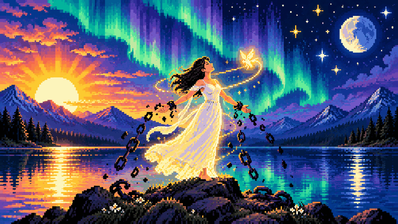 Aurora renasce em luz com o sol, a lua e as estrelas retornando ao céu em pixel art