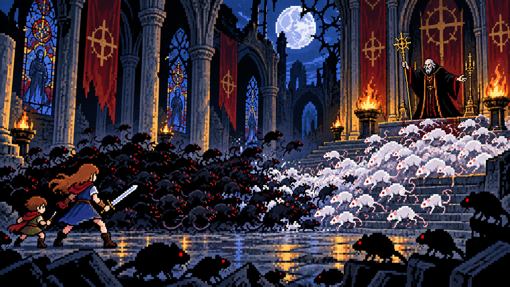 Batalha final contra Vitalis em catedral com ratos negros e ratos brancos se enfrentando
