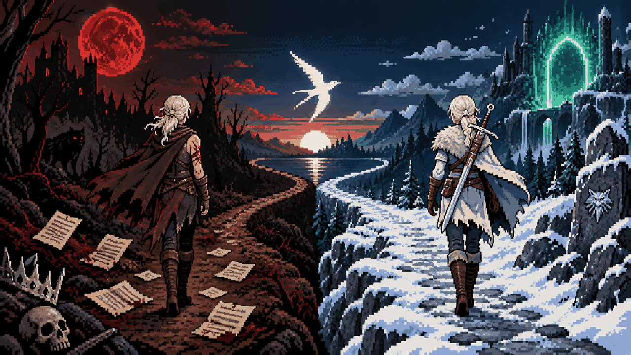 Dois caminhos para Ciri, um sombrio dos livros e outro heroico dos jogos em pixel art