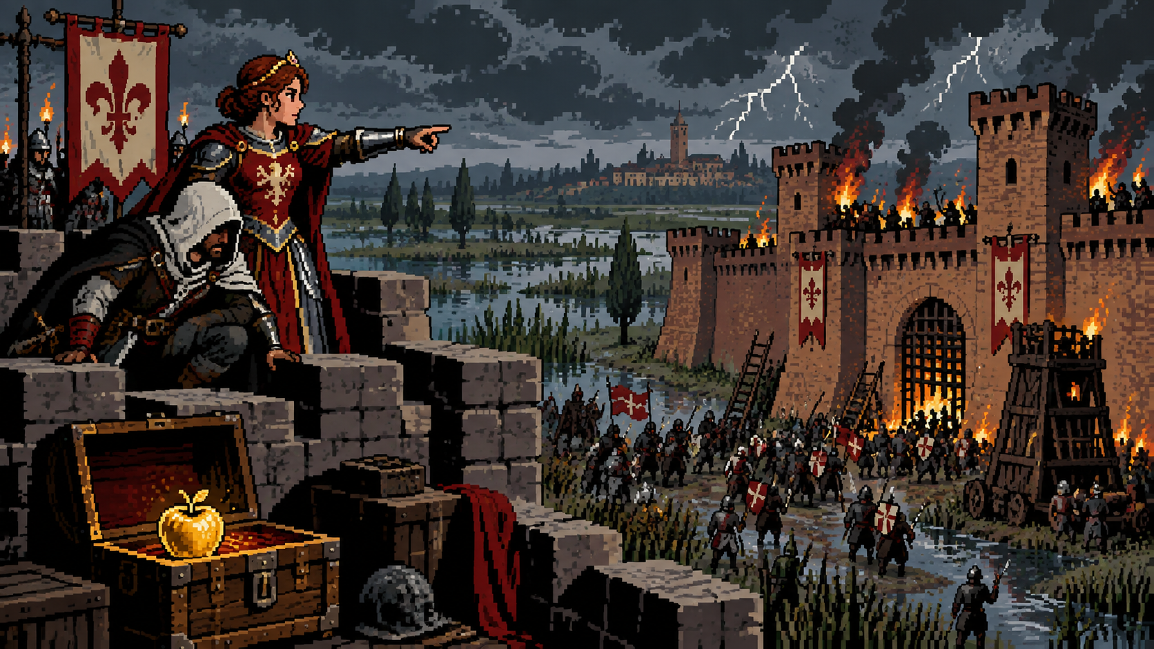 Caterina Sforza e Ezio defendem Forlì durante ataque por causa da Maçã do Éden