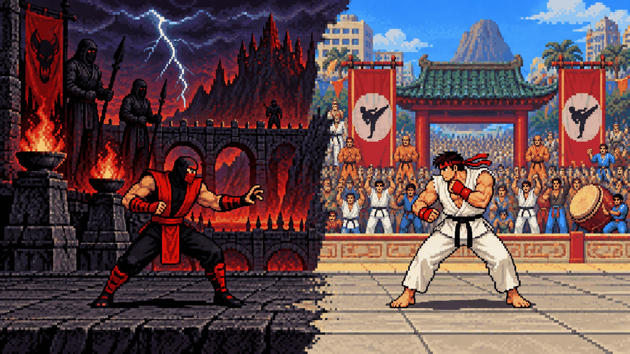 Pixel art com arena sombria de luta brutal e palco arcade de artes marciais