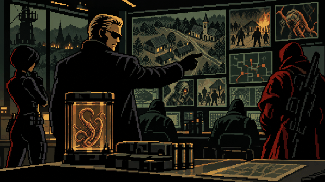 Wesker manipulando operativos e amostras parasitárias em sala de comando em pixel art