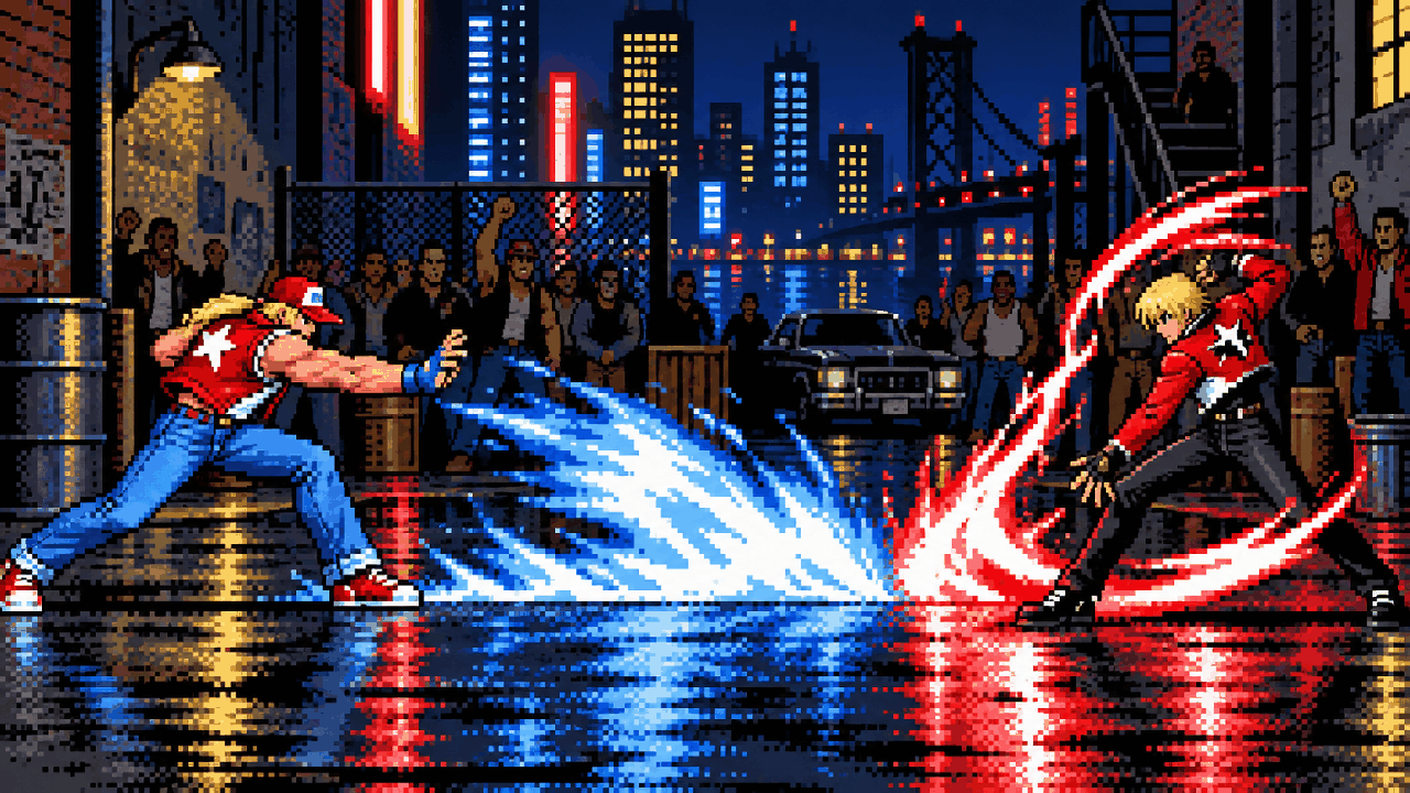 Terry Bogard e Rock Howard duelando em South Town em pixel art