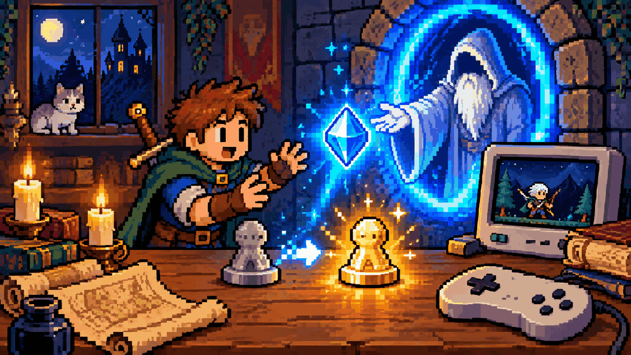 Jogador recebendo cristal de upgrade mágico para versão remasterizada em pixel art