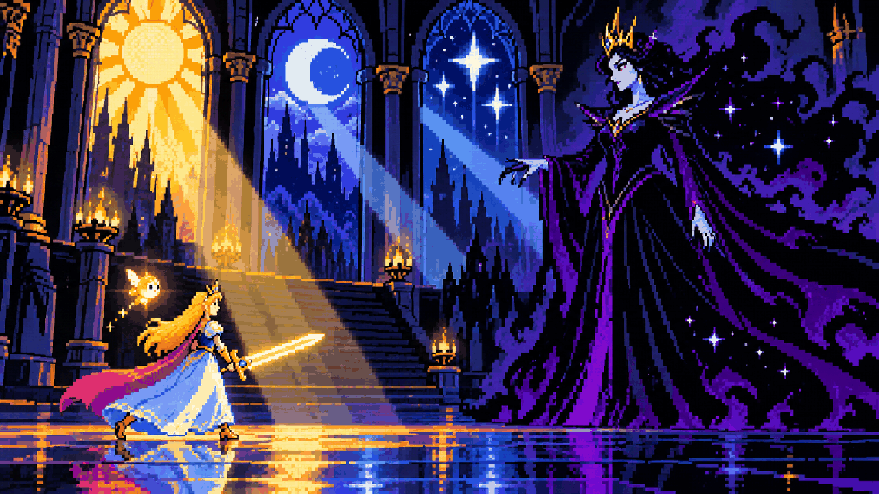 Aurora enfrenta Umbra com luz em um palácio sombrio em pixel art