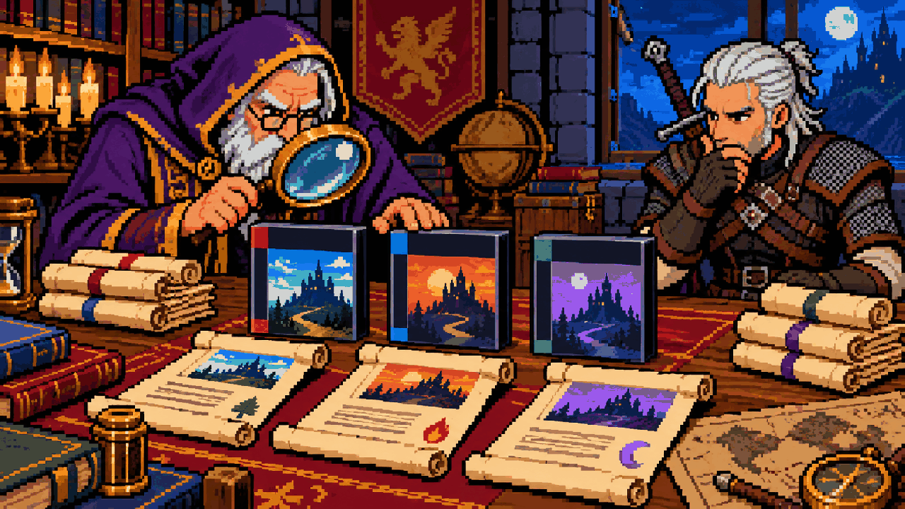Arquivista e Geralt analisando caixas e pergaminhos de versões diferentes em pixel art