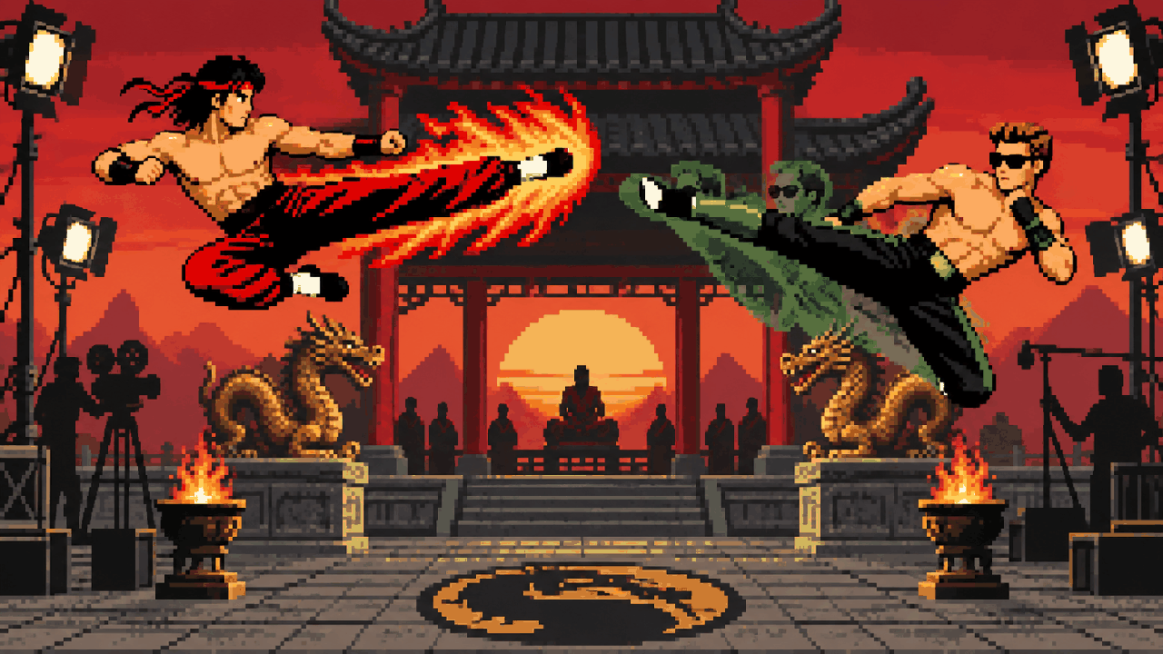 Liu Kang e Johnny Cage trocando chutes em arena de Mortal Kombat em pixel art