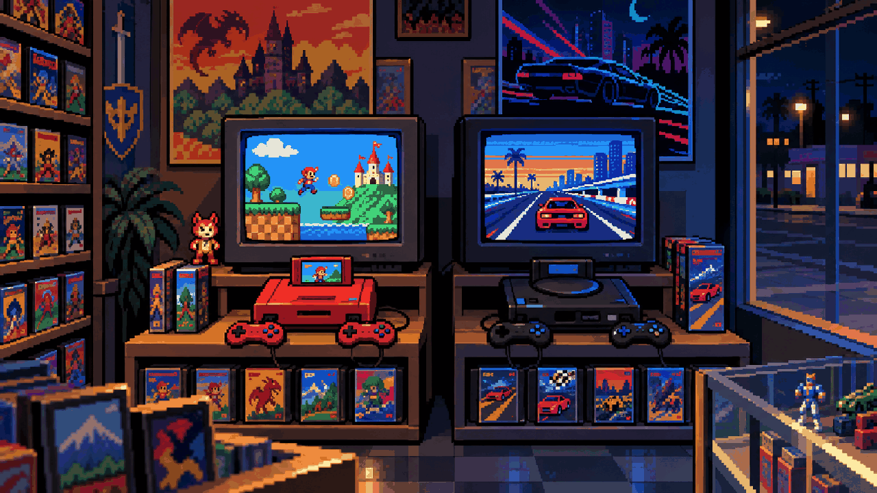 Pixel art com lado colorido de magia de plataforma e lado veloz com atitude dos anos 90