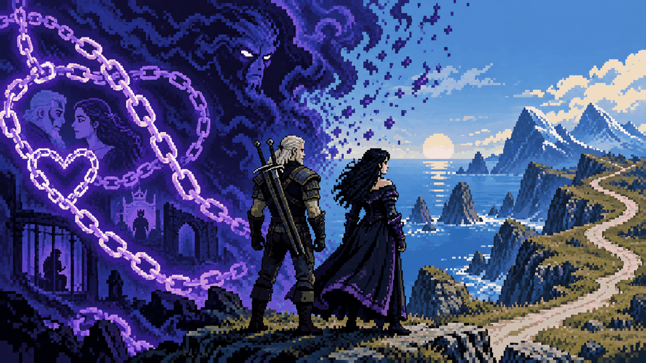 Geralt e Yennefer entre correntes mágicas e caminho aberto em Skellige em pixel art