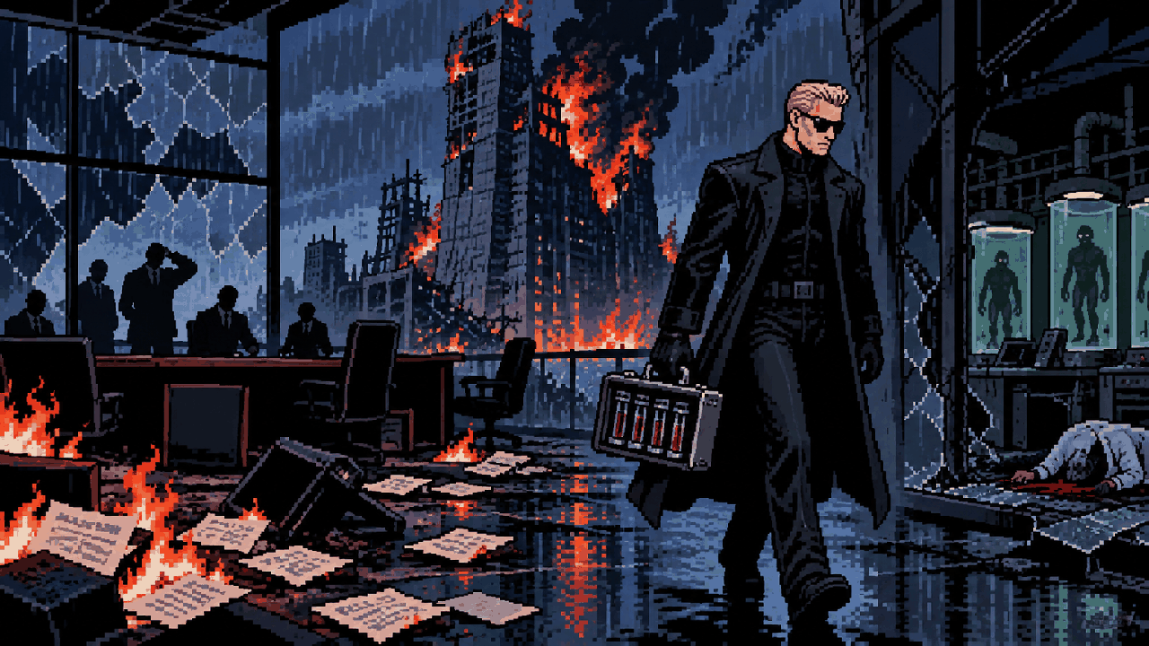 Wesker deixando prédio corporativo destruído com amostras virais em pixel art