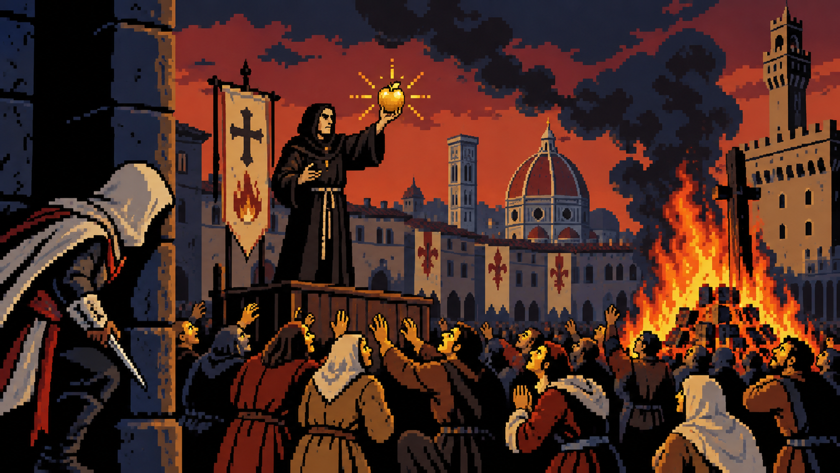 Savonarola usa a Maçã do Éden para dominar Florença durante a Fogueira das Vaidades