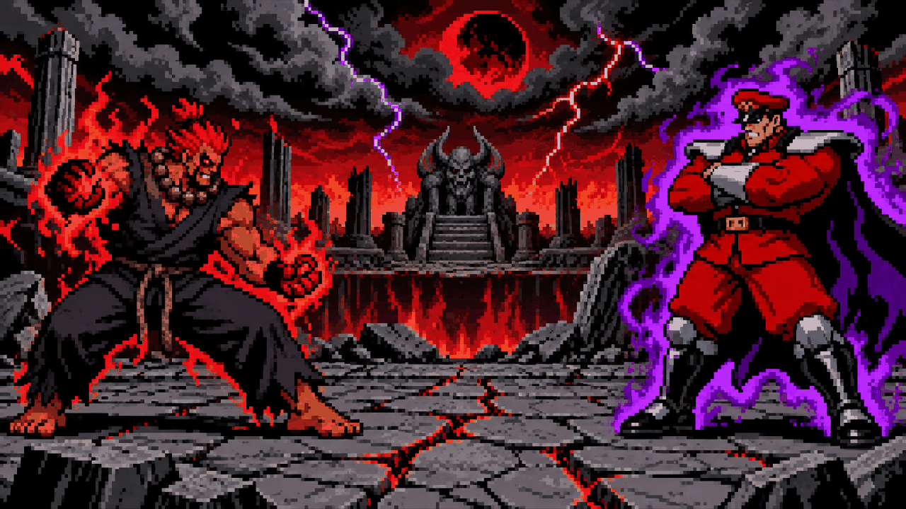 Akuma e M. Bison duelando com energia demoníaca e psycho power em pixel art