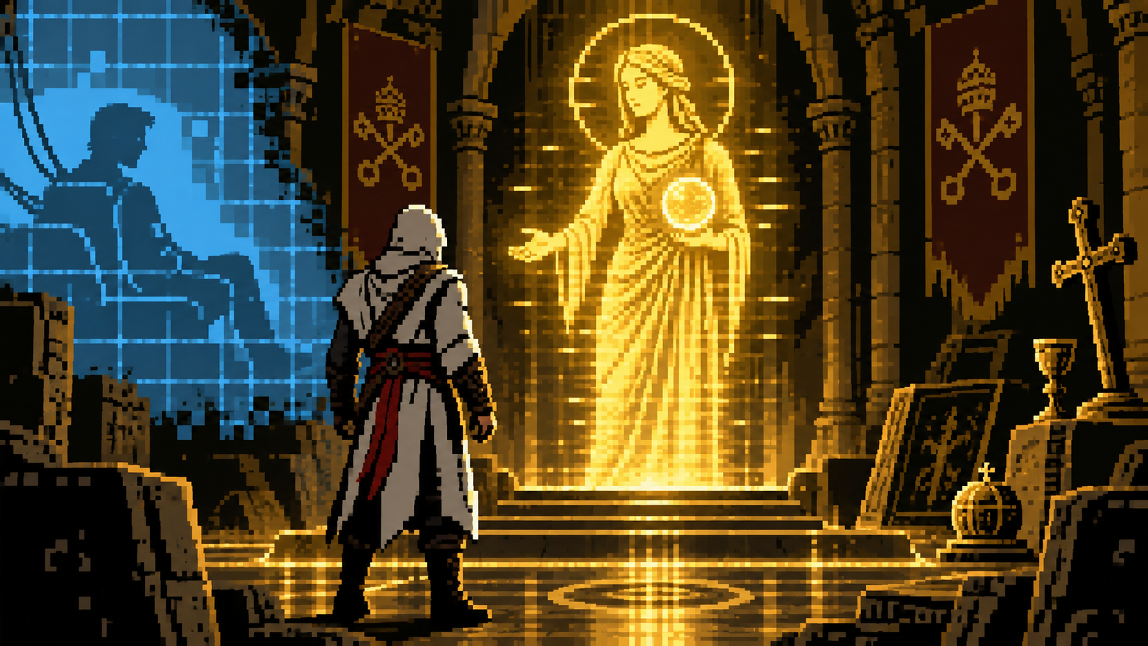 Ezio encontra Minerva na Cripta enquanto a mensagem atravessa o Animus até Desmond