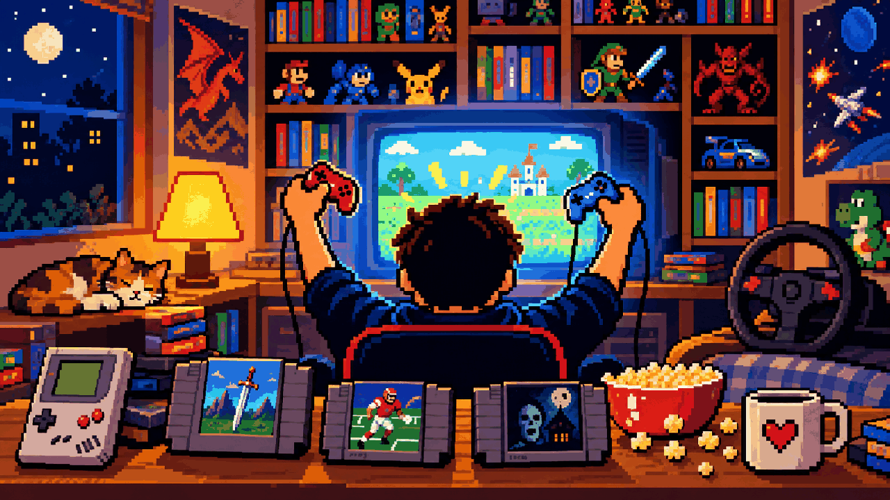 Pixel art com gamer no meio de prateleiras coloridas de jogos dos dois lados
