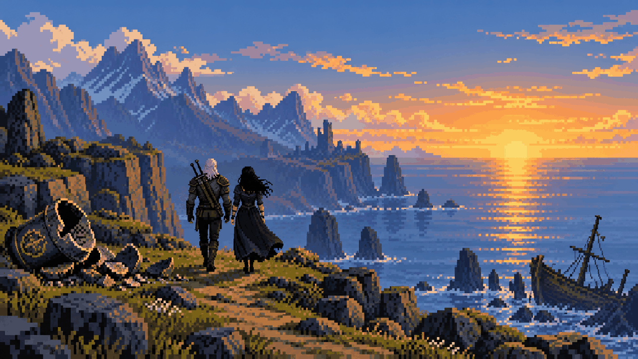 Geralt e Yennefer caminhando lado a lado diante do amanhecer em Skellige em pixel art