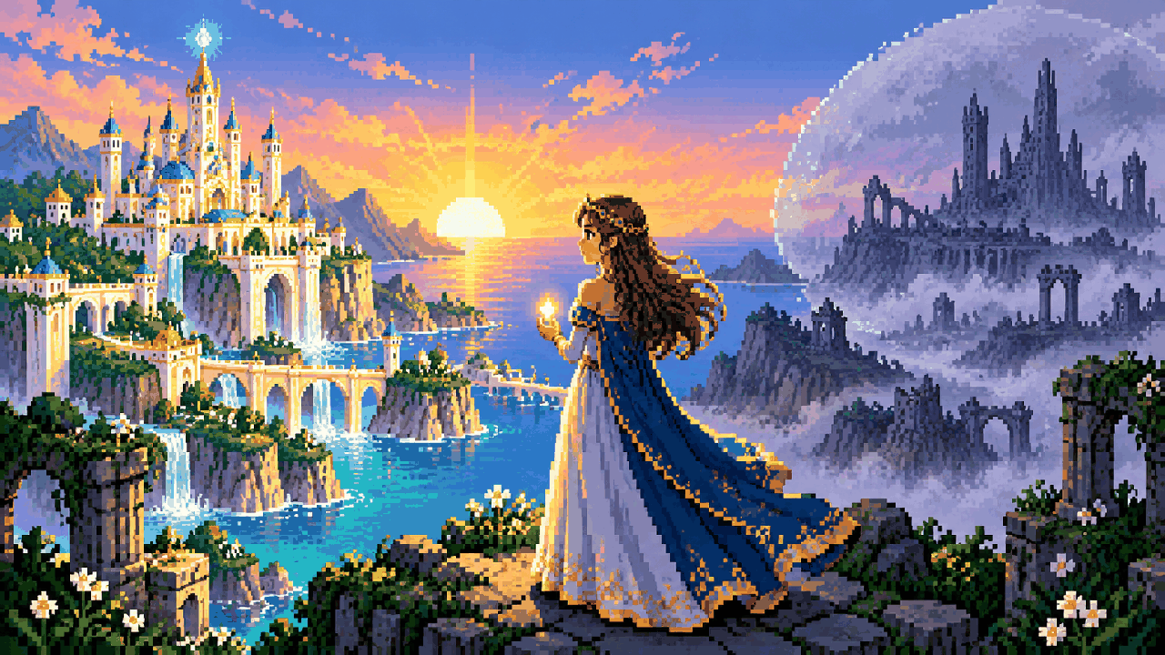 Aurora observa Lemuria restaurada e a memória de casa ao amanhecer em pixel art