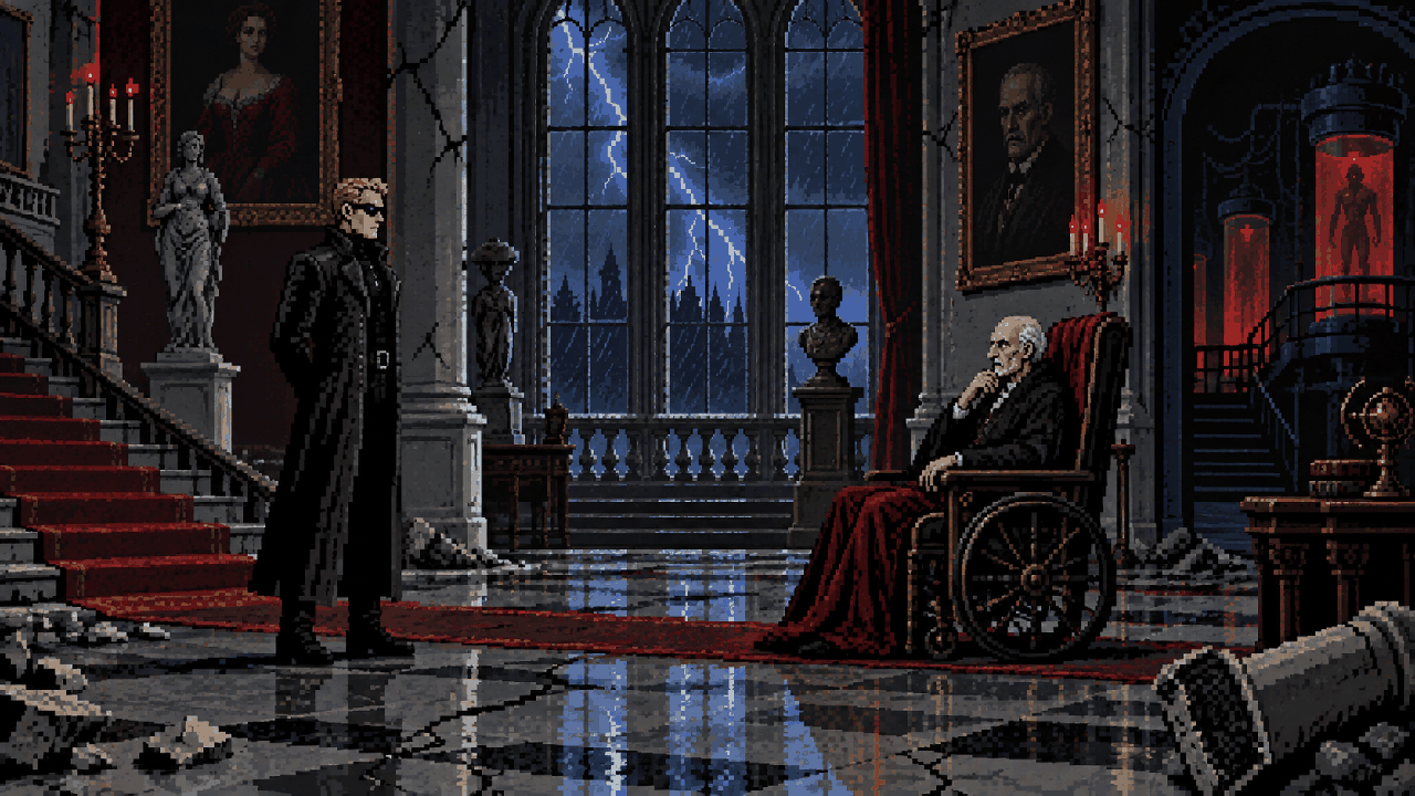 Wesker enfrentando Spencer em mansão decadente durante tempestade em pixel art