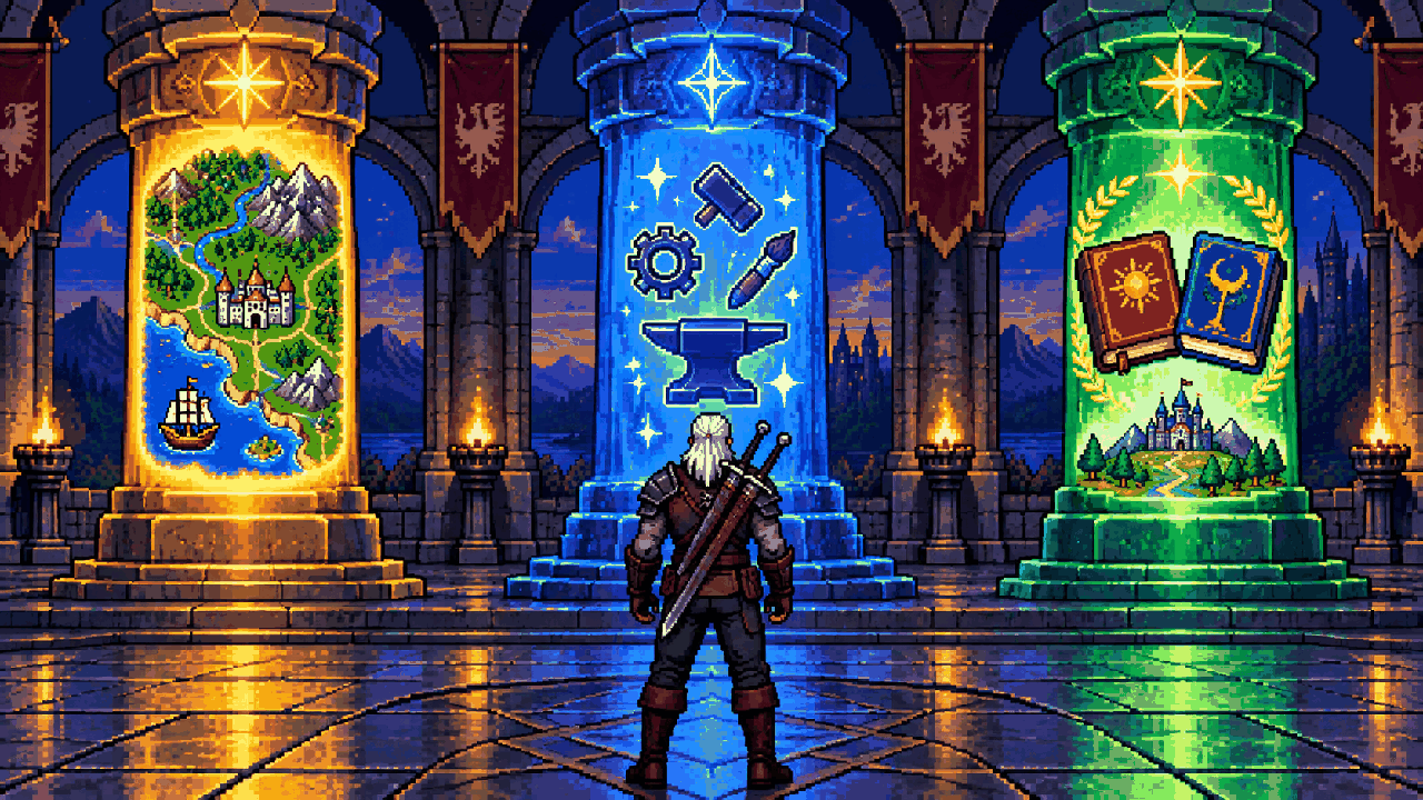 Geralt diante de três pilares representando RPG clássico, melhorias e pacote completo em pixel art