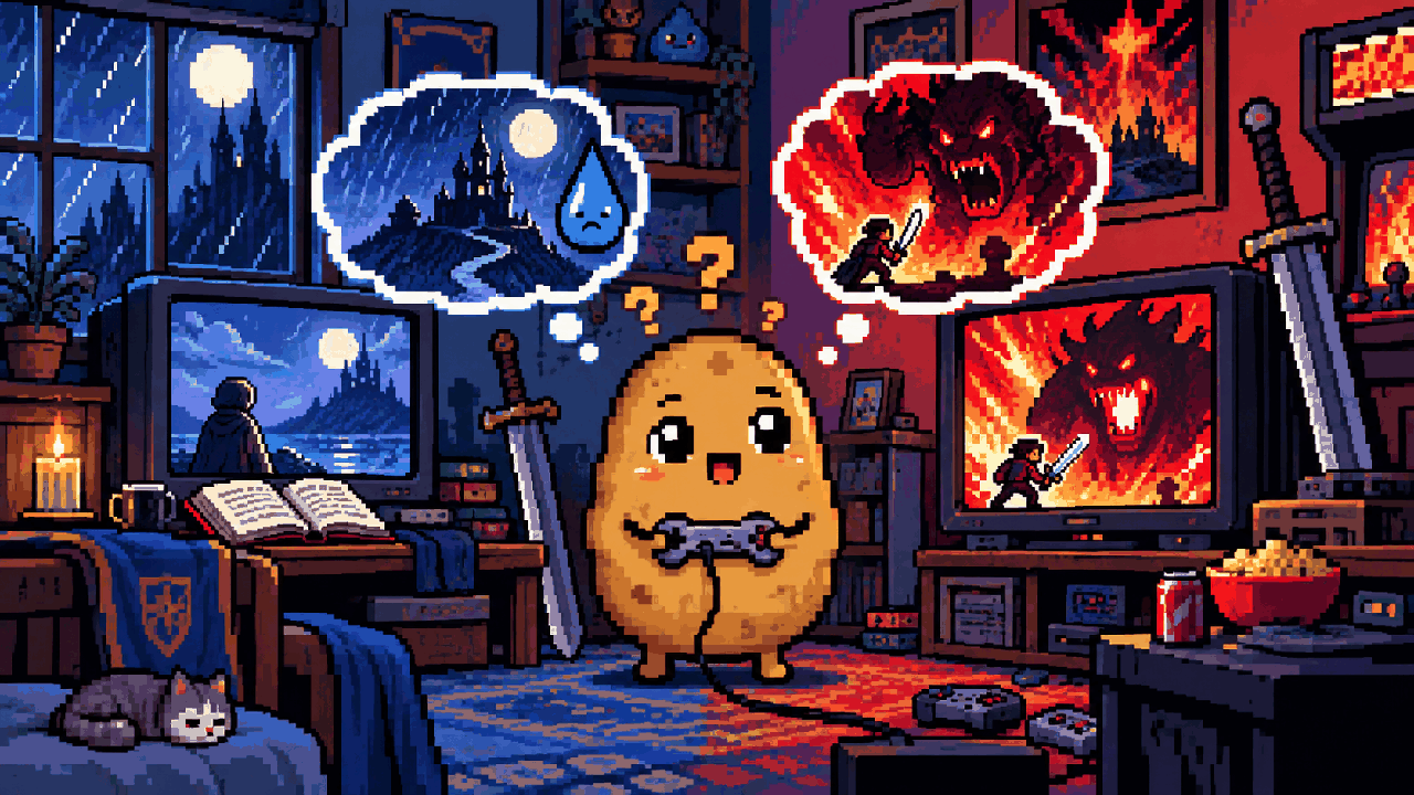 Mascote Batata entre dois painéis de jogos, um emocional e outro de batalha contra monstro gigante