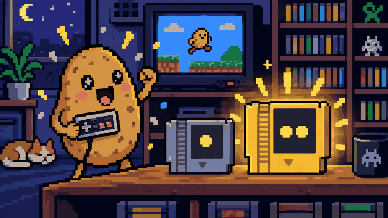 Mascote Batata feliz segurando controle diante de duas caixas de jogos, uma simples e outra brilhante