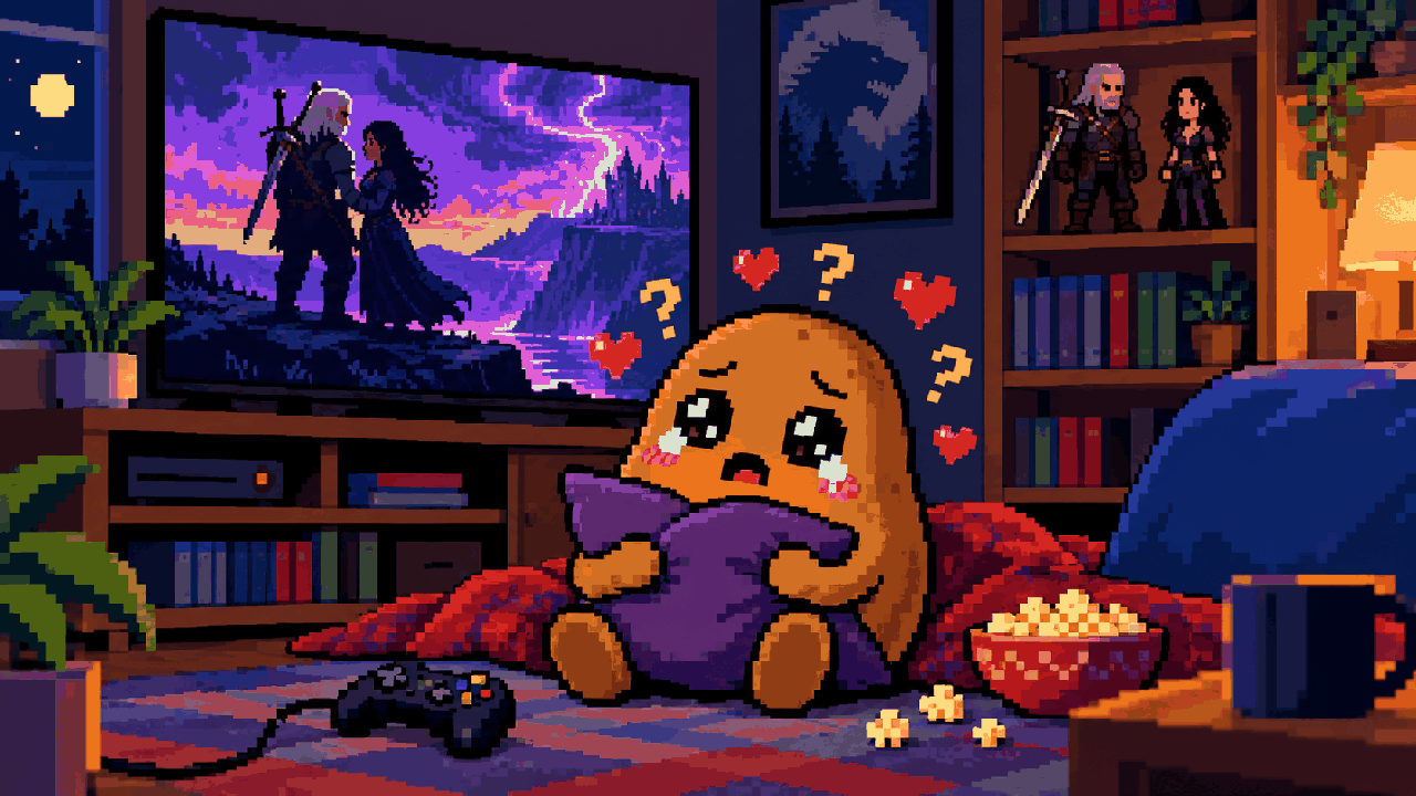 Mascote Batata abraçado a travesseiro vendo Geralt e Yennefer na TV em pixel art