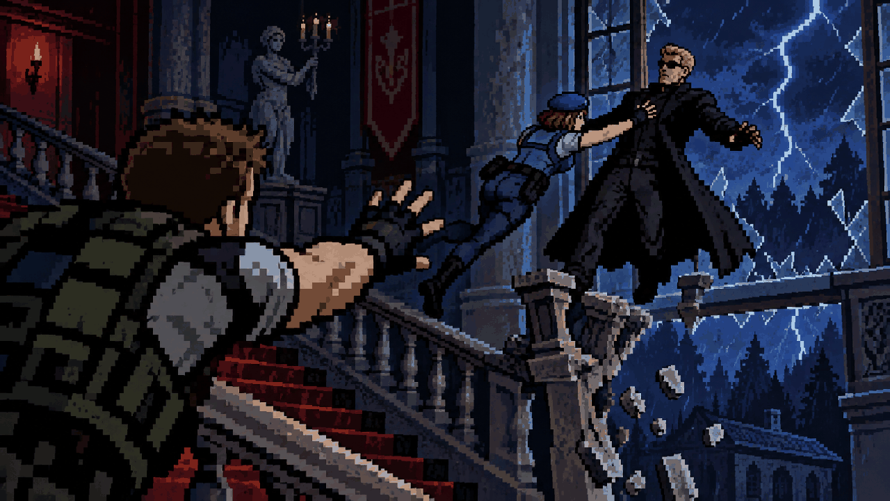 Jill se sacrificando para salvar Chris em confronto com Wesker em pixel art