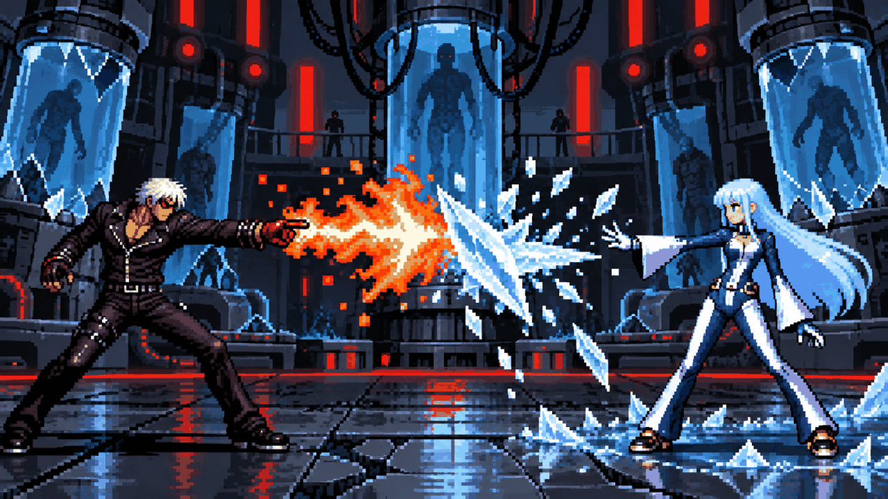 K e Kula Diamond se enfrentando com fogo e gelo em laboratório em pixel art