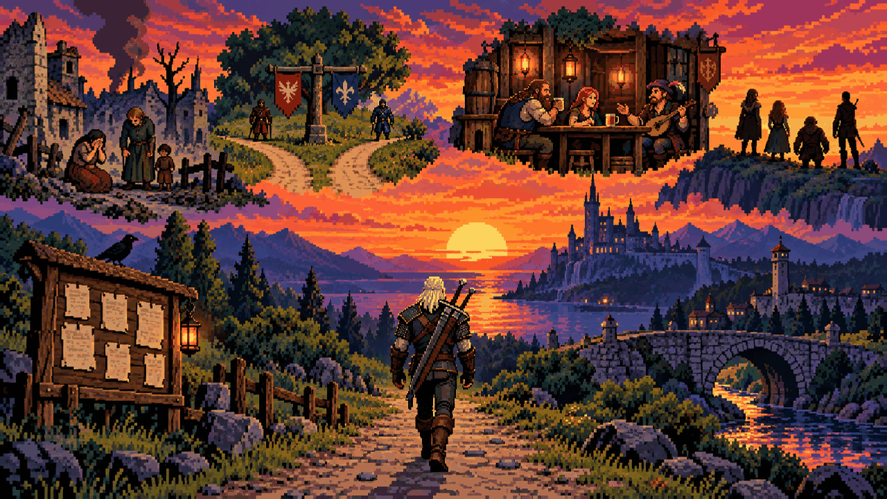 Geralt caminha por estrada com memórias de quests, escolhas e personagens em pixel art