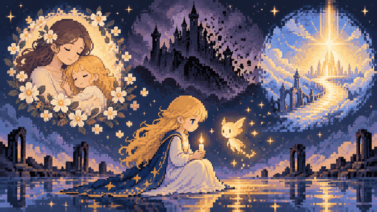 Aurora segura uma vela entre memórias da mãe, da infância e da luz em pixel art
