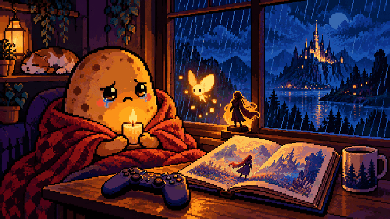 Batata segura uma vela emocionado após jogar Child of Light em pixel art