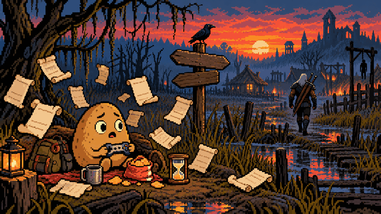 Batata com controle perdido em Velen cercado por quests secundárias em pixel art